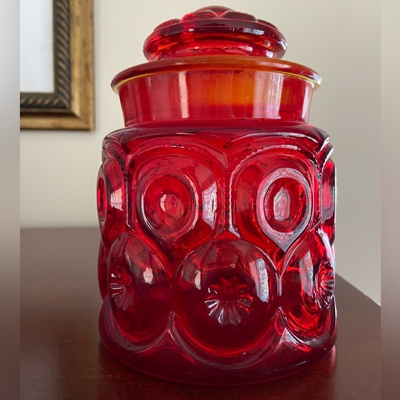 L E Smith Moon & Stars Amberina Glass Canister Red & Orange which GLOWS - Picture 1 of 16